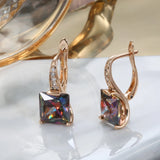 14K Gold Filled Rose Red Green Gradient AAAA  Rainbow Zircon Crystal Square Cut Earrings