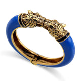 Unique Design Trendy Double Leopard Head Enamel Statement Cuff Bracelets Bangles, Gold Plated Animal Vintage Bracelet