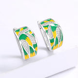 Classic Leaf Green Handmade Enamel AAA Zircon Diamonds Silver Earrings
