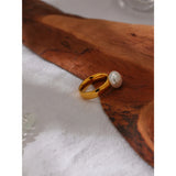 18K Gold Plated  Fashion Stainless Steel Geometric Elegant Shell Pearl Ring Charm Jewellery