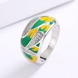 Elegant Fashion Leaf AAA Zircon Diamonds Green Handmade Enamel Silver Ring