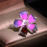 Exquisite AAA Purple Zircon Crystal Flower 925 Silver Handmade Enamel Ring