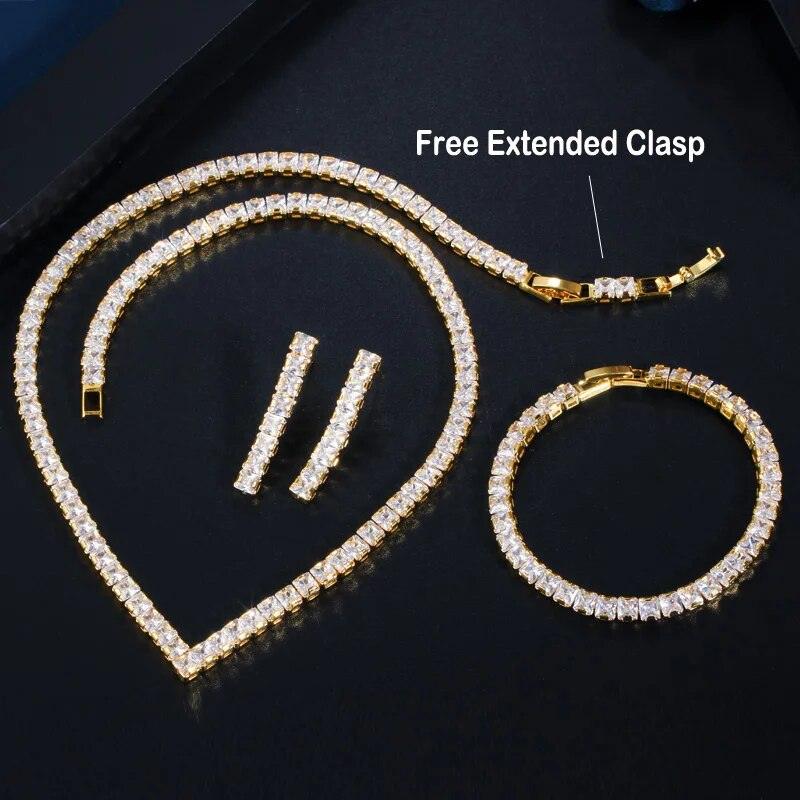 New Glittering Yellow Gold Colour Princess Cut AAA+ Cubic Zirconia Diamonds Necklace Earring Bracelet Jewellery Sets - The Jewellery Supermarket