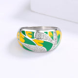 Elegant Fashion Leaf AAA Zircon Diamonds Green Handmade Enamel Silver Ring