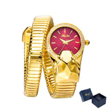 Amazing Luxury Brand Red Dial Snake Shape Zirconia Diamond Ladies Gold Iced Out Analog Quartz Movt Unique Watch