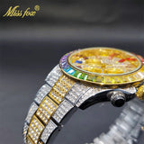 Luxury Gold Stainless Steel Iced Bracelet Purple CZ Diamonds 3 Dial Watches