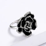 Exquisite Handmade Enamel AAA Zircon Diamonds Drip Oil Colour Black Flower Ring