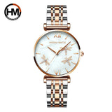 New Elegant Dragonfly Design White Oyster Pearl Shell Scallop Dial Quartz Ladies Watch Stainless Steel Women Watches