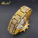 Luxury Gold Stainless Steel Iced Bracelet Purple CZ Diamonds 3 Dial Watches