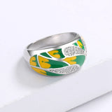 Elegant Fashion Leaf AAA Zircon Diamonds Green Handmade Enamel Silver Ring