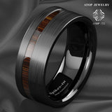 New Arrival 8mm Off Center Koa Wood Black Brushed Tungsten Carbide Ring - Fashion Wedding Rings - The Jewellery Supermarket