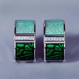 Green Square Sparkling Handmade Enamel AAA Zircon Diamonds Silver Stud Earrings