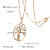 Classic 14K Filled Rose Gold Long Chain Luxury Life Tree Geometric Oval Pendant AAA Zircon Diamonds Necklace