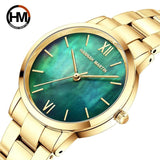 Top Brand Elegant Style Gold Stainless Steel Green Stone Dial Quartz Shell Pearl Oyster Waterproof Ladies Watches