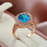 New Fashion Ethnic Hollow Flower Design Rolled 14K Rose Gold Big Blue AAA Zircon Diamonds Ring - Fine Jewellery