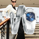 Hot Fashion Stainless Steel Bangle Snake Shape Zircon Diamond Ladies Watches - Quartz Silver Colour Wristwatches