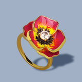 High-quality Handmade Epoxy Red Enamel AAA Zircon Diamond Flower Ring