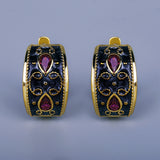 Exquisite Gold Inlaid AAA Red Zircon Crystal Handmade Enamel Two-tone Earrings