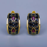 Exquisite Gold Inlaid AAA Red Zircon Crystal Handmade Enamel Two-tone Earrings