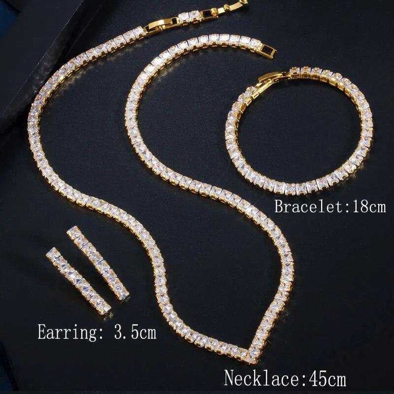 New Glittering Yellow Gold Colour Princess Cut AAA+ Cubic Zirconia Diamonds Necklace Earring Bracelet Jewellery Sets - The Jewellery Supermarket
