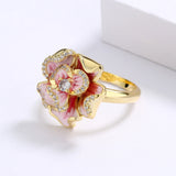 Golden Flower Pink Enamel Handmade AAA Diamonds Zircon Epoxy 925 Silver Ring
