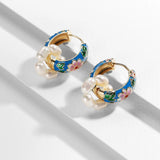 Boho Handmade Enamel Flowers Pearl Black Red Pink Vintage Gold Colour Hoop Earrings