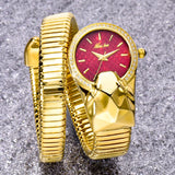Amazing Luxury Brand Red Dial Snake Shape Zirconia Diamond Ladies Gold Iced Out Analog Quartz Movt Unique Watch