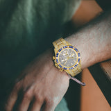 Luxury Gold Stainless Steel Iced Bracelet Purple CZ Diamonds 3 Dial Watches