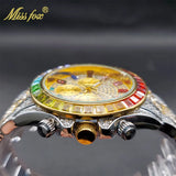 Luxury Gold Stainless Steel Iced Bracelet Purple CZ Diamonds 3 Dial Watches