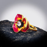 High-quality Handmade Epoxy Red Enamel AAA Zircon Diamond Flower Ring
