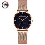 Elegant Flash Stars Design Ladies Watch, Stainless Steel Rose Gold Colour Mesh Casual Quartz Waterproof Wristwatches