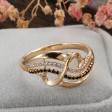 High Quality Rolled 14K Rose Gold Fine Jewellery Black, White AAA Zircon Diamonds Geometric Lines Cross Waves Ring