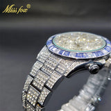 Luxury Gold Stainless Steel Iced Bracelet Purple CZ Diamonds 3 Dial Watches