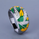 Elegant Fashion Leaf AAA Zircon Diamonds Green Handmade Enamel Silver Ring