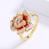 Golden Flower Pink Enamel Handmade AAA Diamonds Zircon Epoxy 925 Silver Ring