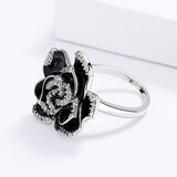 Elegant Unique Black Flower Handmade Enamel AAA Zircon Diamonds Ring