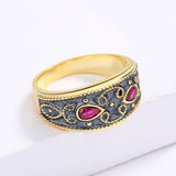 Two-tone Handmade Enamel Inlaid with AAA Red Zircon Crystal Classic 18KGP Ring