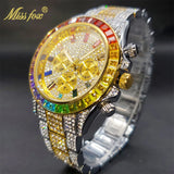 Luxury Gold Stainless Steel Iced Bracelet Purple CZ Diamonds 3 Dial Watches