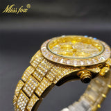 Luxury Gold Stainless Steel Iced Bracelet Purple CZ Diamonds 3 Dial Watches