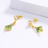 Fashion Inlaid Pearl Long Green Handmade Enamel Tassel 925 Silver Earrings