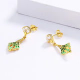 Fashion Inlaid Pearl Long Green Handmade Enamel Tassel 925 Silver Earrings