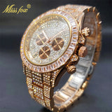 Luxury Gold Stainless Steel Iced Bracelet Purple CZ Diamonds 3 Dial Watches
