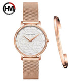 New Elegant Quartz Ladies Watches Stainless Steel Mesh Casual Waterproof Wrist Watches with 1 Set Bracelet