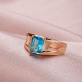 Fashion Glossy 14K Rolled Rose Gold AAA Square Blue Zircon Crystal Ring For Women or Men - Fine Jewellery