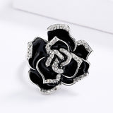 Elegant Unique Black Flower Handmade Enamel AAA Zircon Diamonds Ring