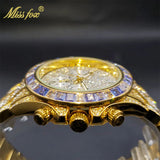 Luxury Gold Stainless Steel Iced Bracelet Purple CZ Diamonds 3 Dial Watches