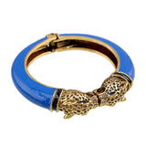 Unique Design Trendy Double Leopard Head Enamel Statement Cuff Bracelets Bangles, Gold Plated Animal Vintage Bracelet