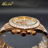 Luxury Gold Stainless Steel Iced Bracelet Purple CZ Diamonds 3 Dial Watches