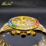 Luxury Gold Stainless Steel Iced Bracelet Purple CZ Diamonds 3 Dial Watches