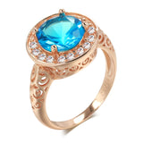 New Fashion Ethnic Hollow Flower Design Rolled 14K Rose Gold Big Blue AAA Zircon Diamonds Ring - Fine Jewellery